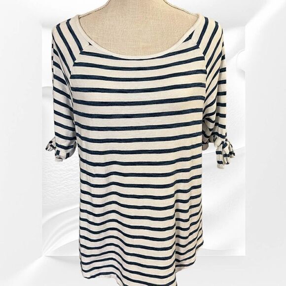 Jane & Delancey Med Elbow Sleeve Blue Stripe Top, Open Peep Shoulder w/ Bow - Picture 1 of 5